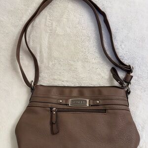 Rosetti Brown Shoulder Bag with Zipper, Magnetic Closure, Logo Plaque Accent
